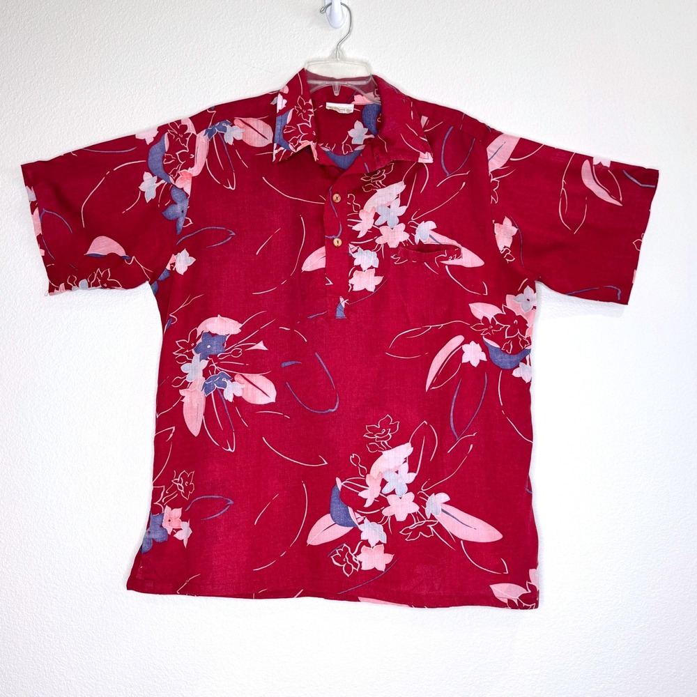 MR. HAWAII INC Mens VTG Hawaiian Aloha Shirt XL Red Floral Pullover Tab Front